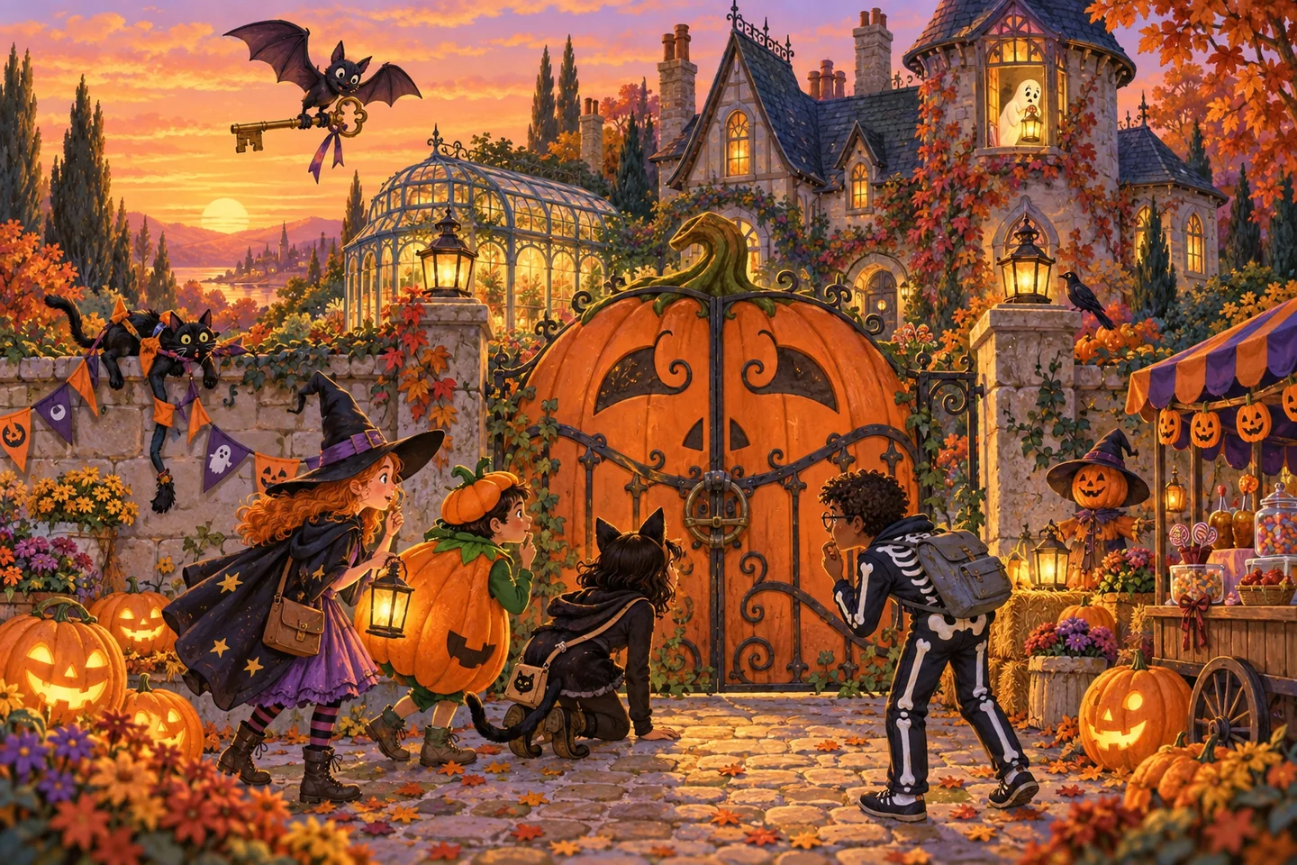 Un manoir animé, des citrouilles et des personnages réunis pour une fête d’Halloween.