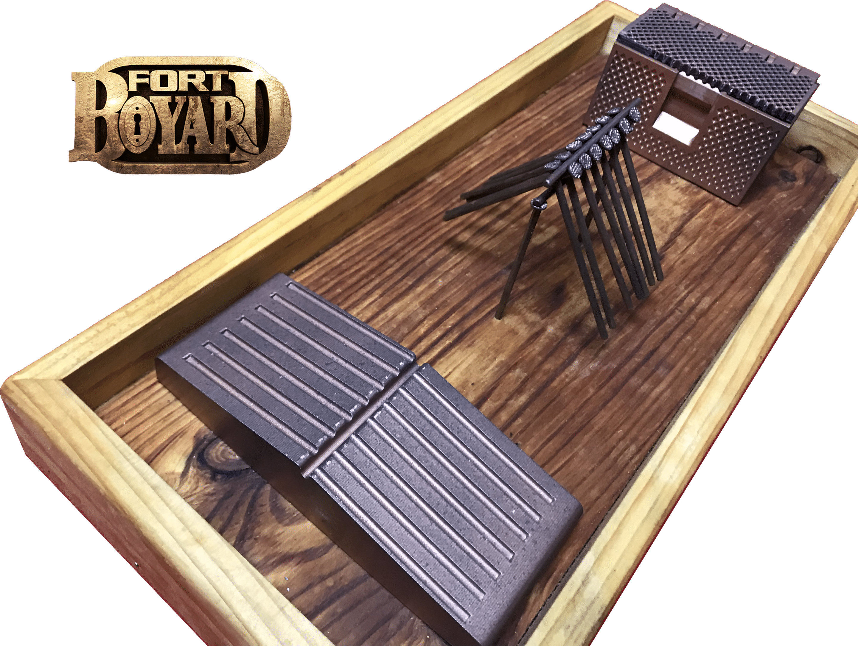 Jeu Les Clous en équilibre, une épreuve de Fort Boyard, comprenant des clous placés en équilibre sur une structure métallique fragile.