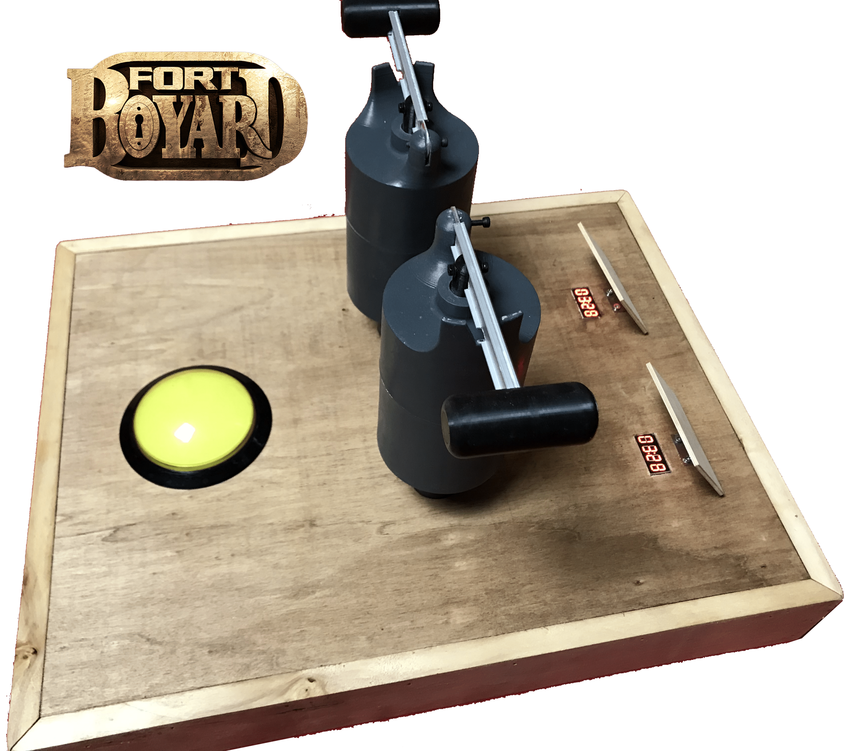 Jeu Les Compteurs, une épreuve de Fort Boyard, comprenant des chronomètres et des manettes sur une planche en bois.