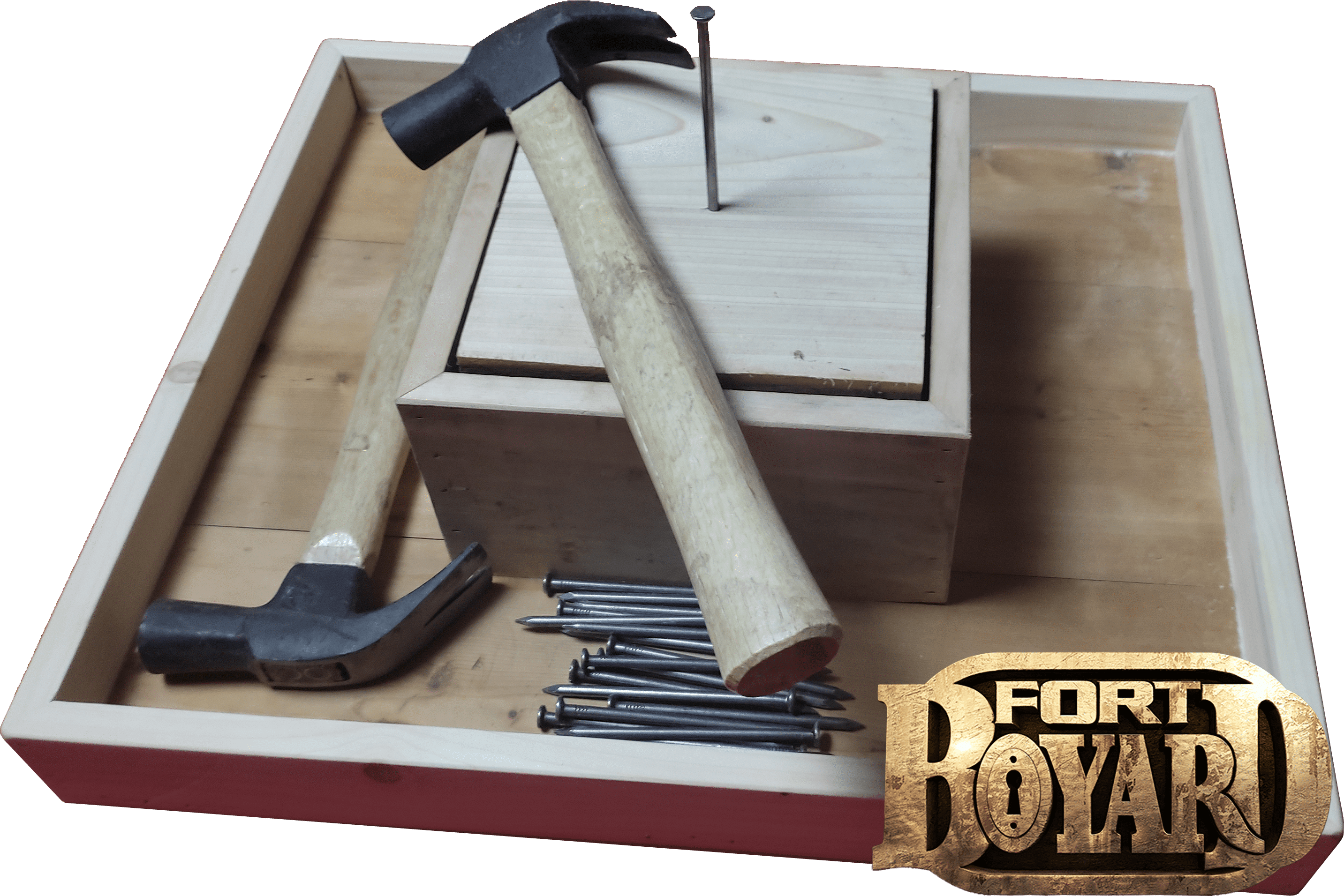 Jeu Les Marteaux, une épreuve du conseil de Fort Boyard, comprenant un billot de bois, un clou et des marteaux.