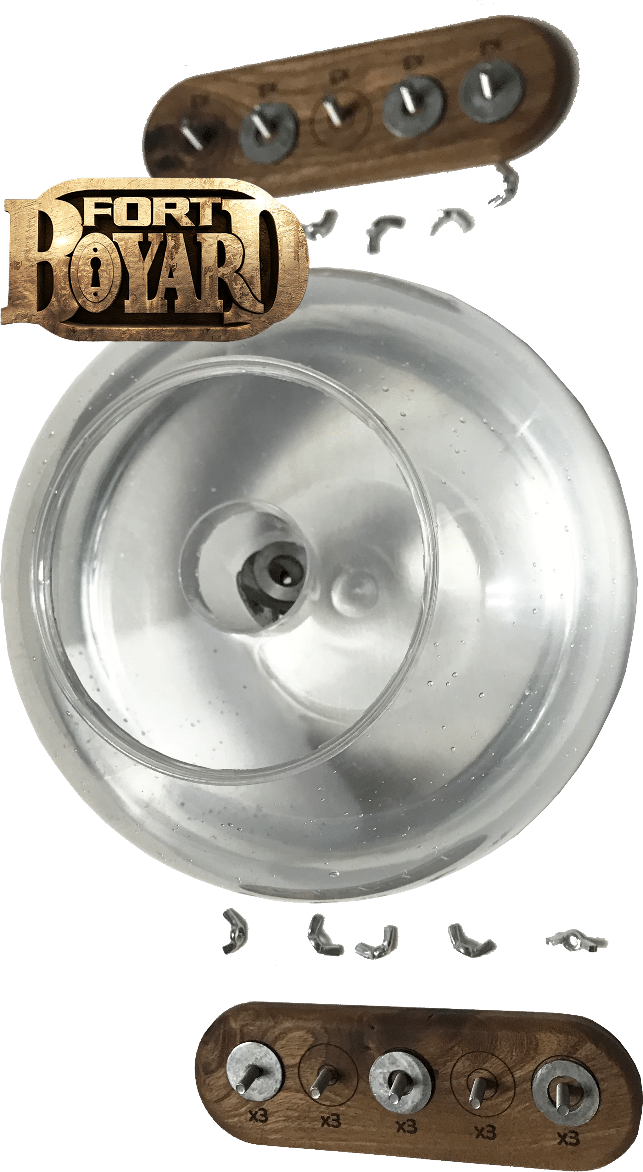 Jeu L'Aquarium, une épreuve de Fort Boyard, comprenant un gobelet flottant dans un aquarium et des pièces métalliques de différents poids.