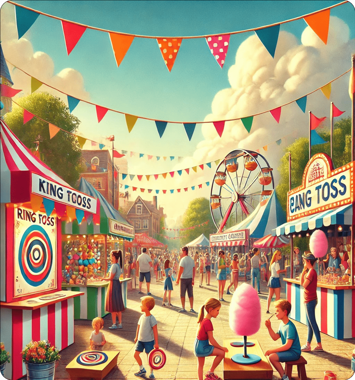 Scène de kermesse en plein air avec divers stands de jeux, décorations colorées, enfants jouant au lancer d'anneaux, stand de barbe à papa et familles profitant de l'événement.