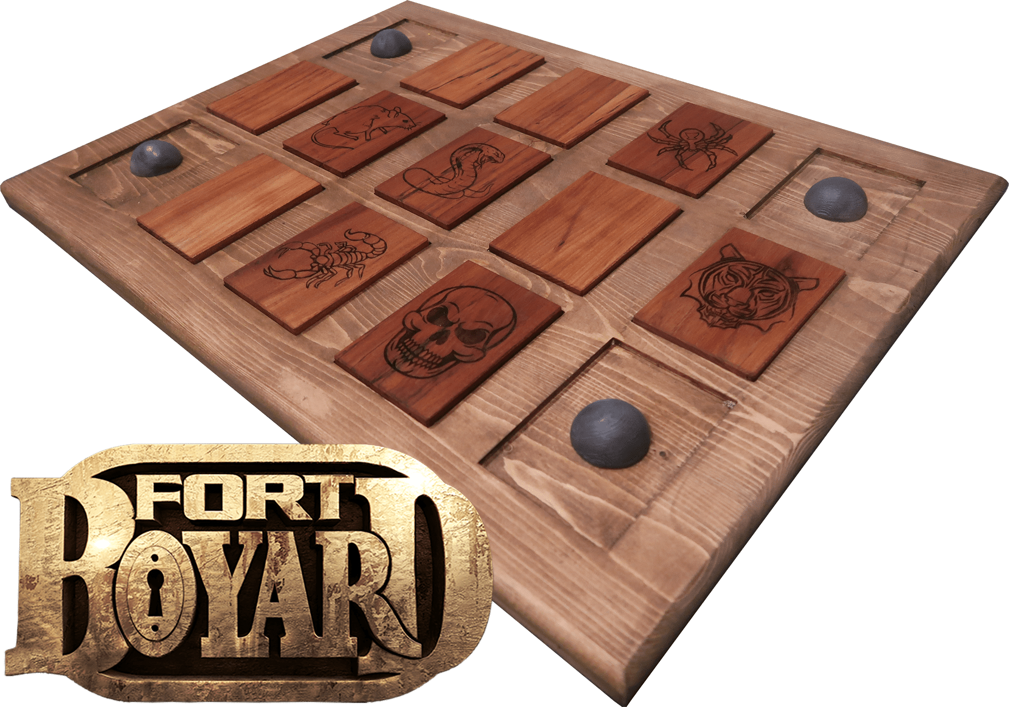 Jeu Les Paires, une épreuve de Fort Boyard, comprenant un plateau avec des cartes en bois représentant des animaux et une tête de mort.