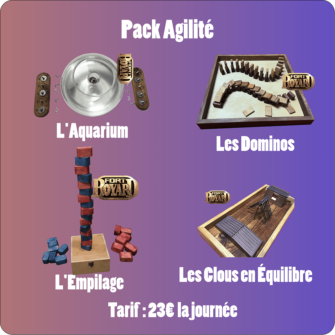 Pack Agilité - Jeux Fort Boyard : L'Aquarium, Les Dominos, L'Empilage, Les Clous en Équilibre, disponible chez Extra EVENTS.