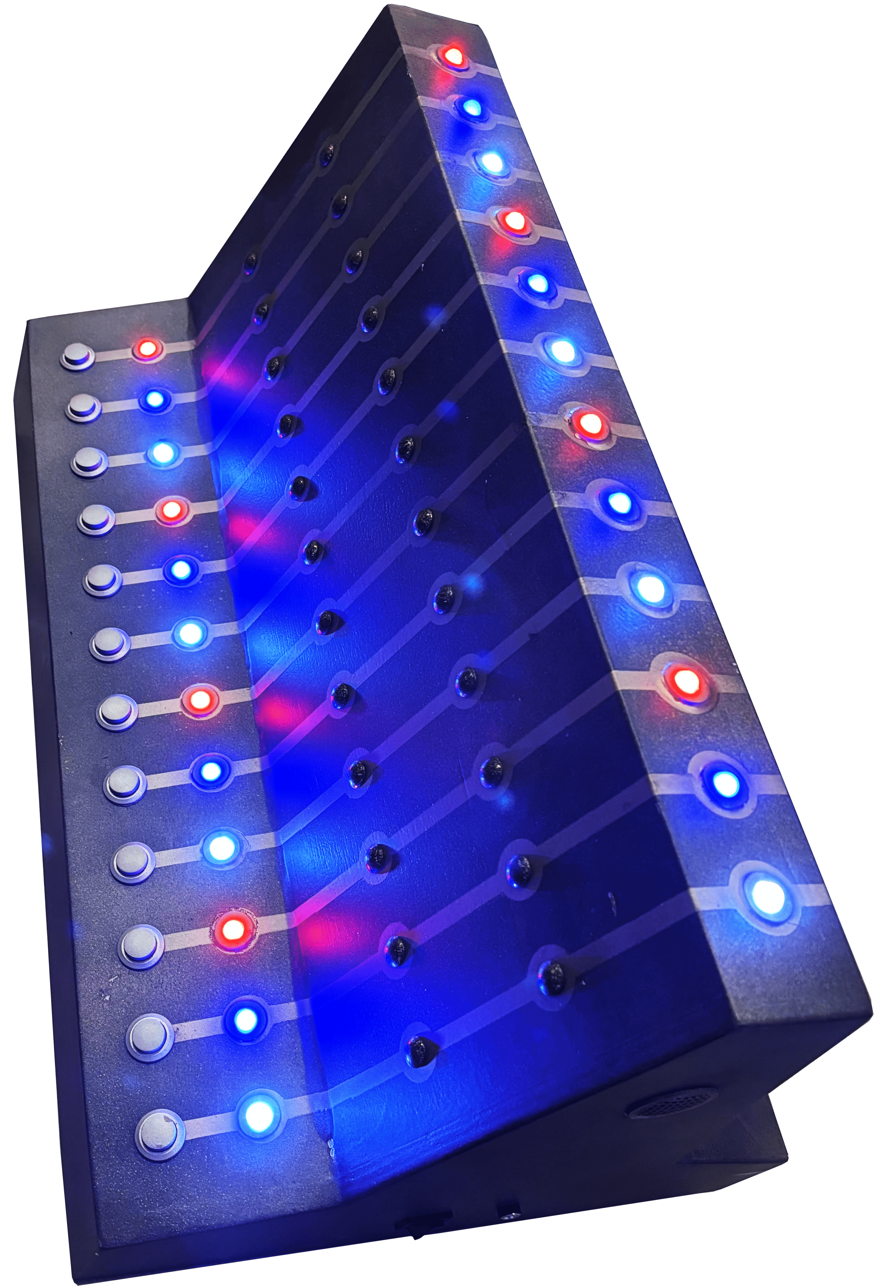 Jeu L’Engramme Lumineux : Mémoire et Lumière, épreuve de Fort Boyard, avec des boutons et des LEDs pour deux joueurs.