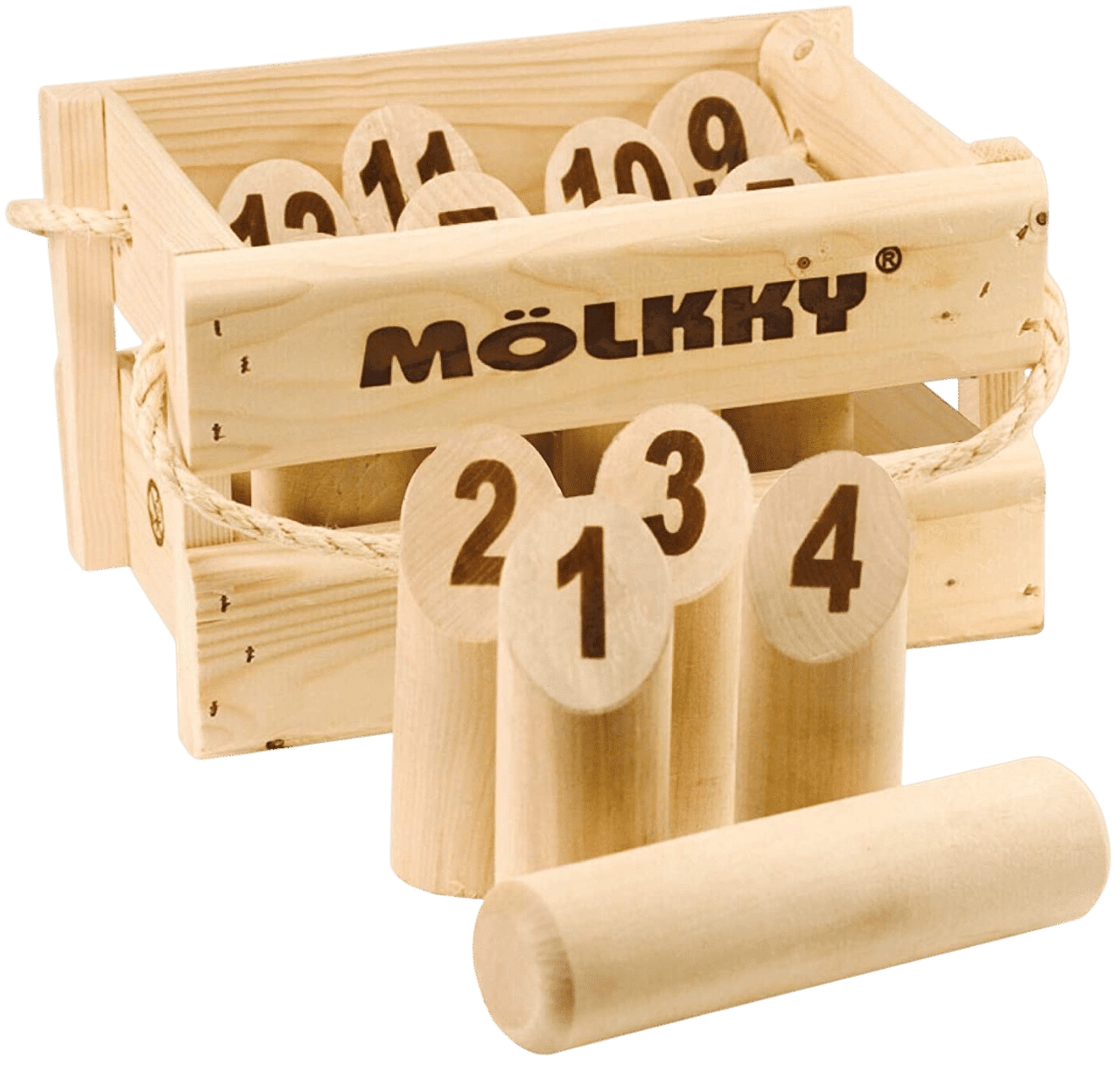Mölkky, un jeu en bois d’adresse où les joueurs lancent un bâton pour faire tomber des quilles numérotées et marquer des points.