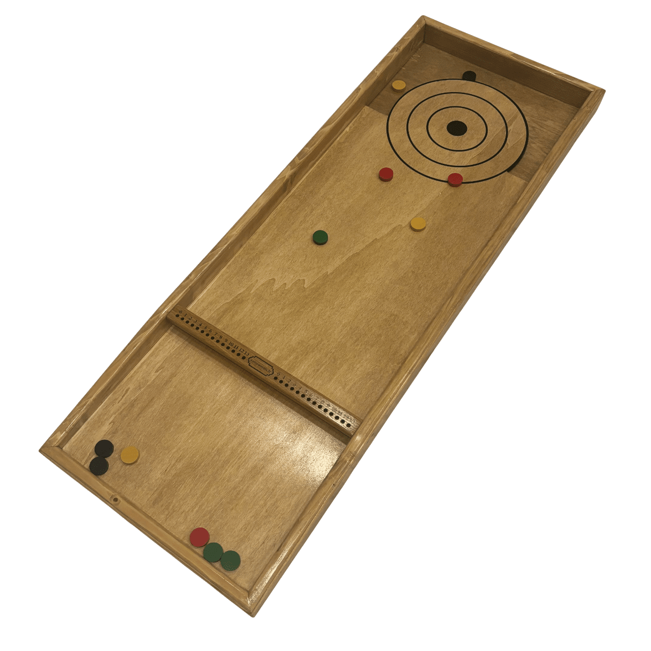 Pétanque de Table, un jeu où les participants glissent des palets sur un terrain en bois pour viser le centre de la cible.