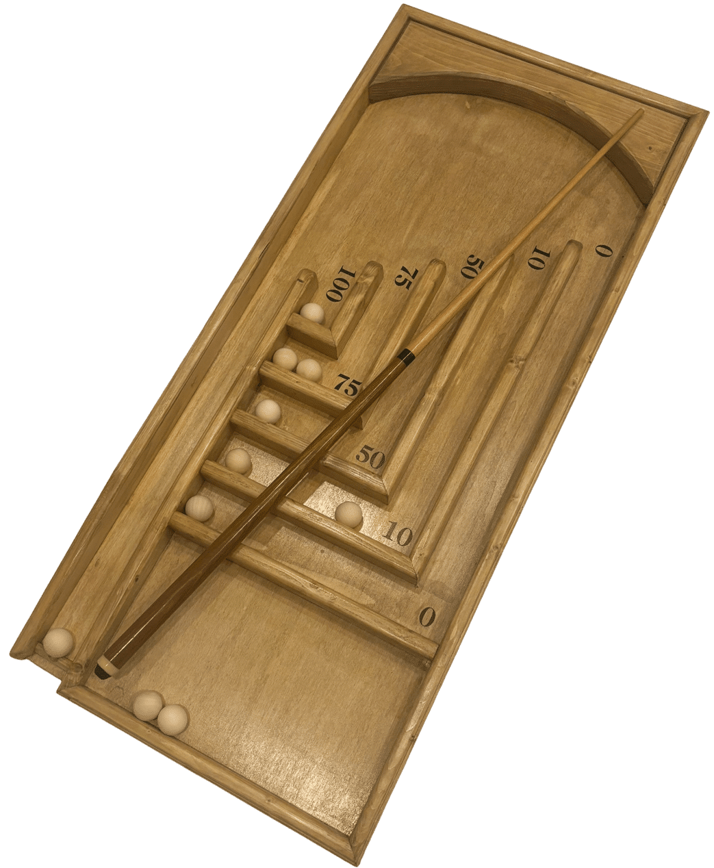 L’Aérobille, un jeu en bois où les participants utilisent une queue de billard pour propulser des billes sur une cible inclinée.