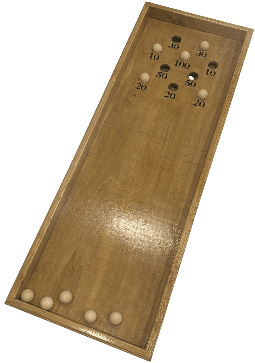 Billard Japonais, un jeu en bois où les joueurs propulsent des boules sur un plateau incliné pour atteindre des cases numérotées.