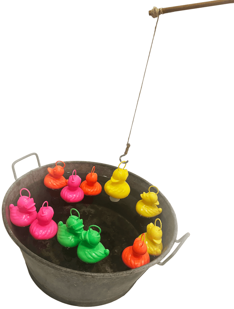 Un jeu de pêche aux canards composé de canards colorés, quatre cannes à pêche et un baquet en métal au style champêtre.