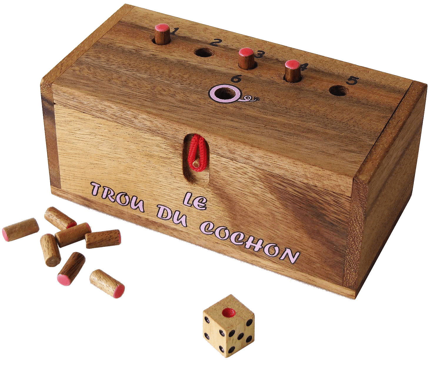 Un jeu de table en bois, Le Trou du Cochon, conçu pour des parties rapides et amusantes, idéal pour 1 à 6 joueurs à partir de 4 ans.