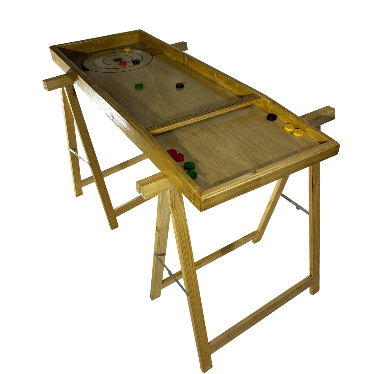 Lot de deux tréteaux en bois conçus pour supporter des jeux de plateau, comme « Pétanque de Table ».