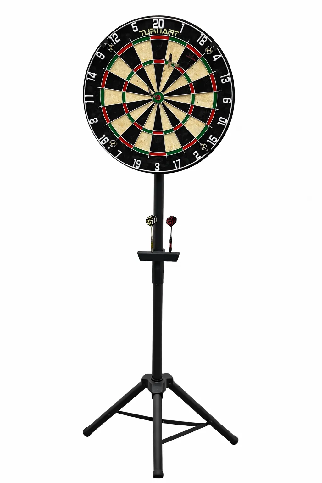 Cible de fléchettes professionnelle sur trépied avec fléchettes métalliques.