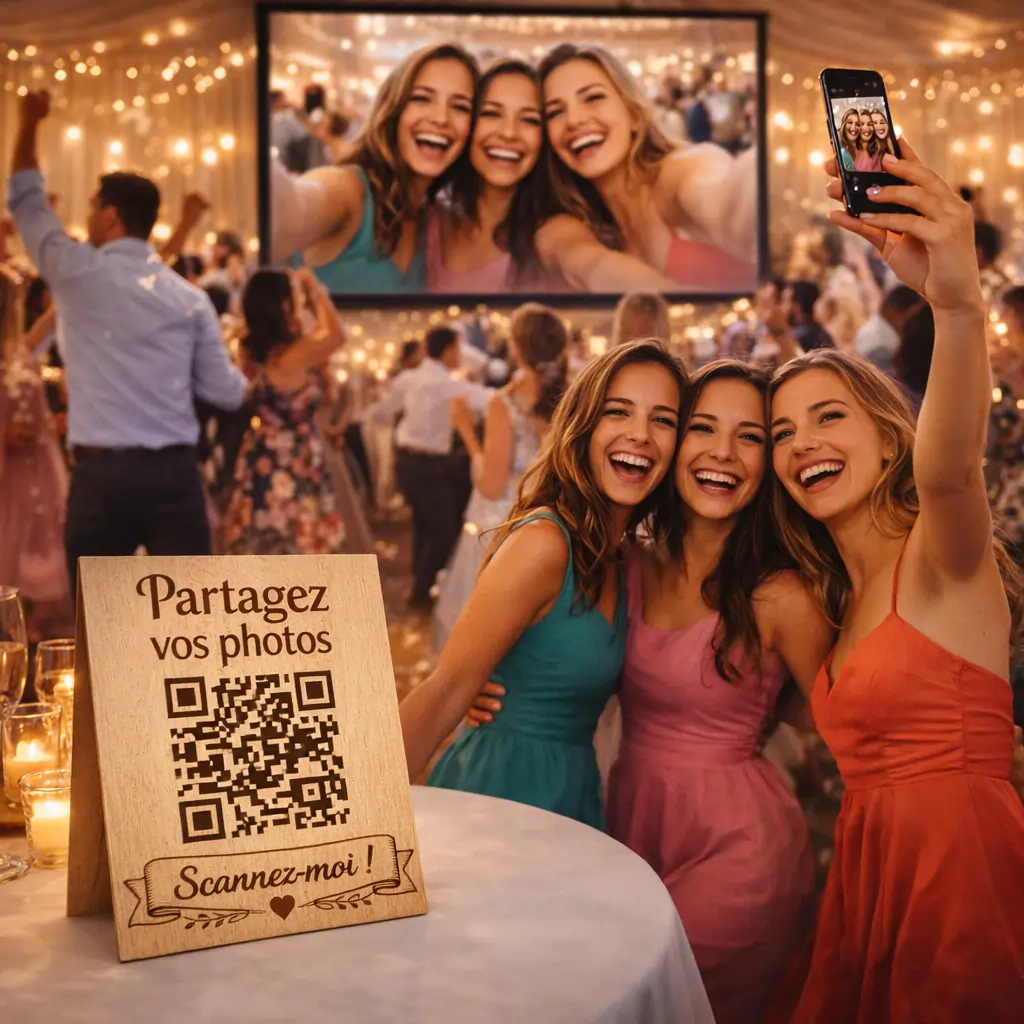 Animation photos en direct sur écran géant avec partage depuis smartphone.