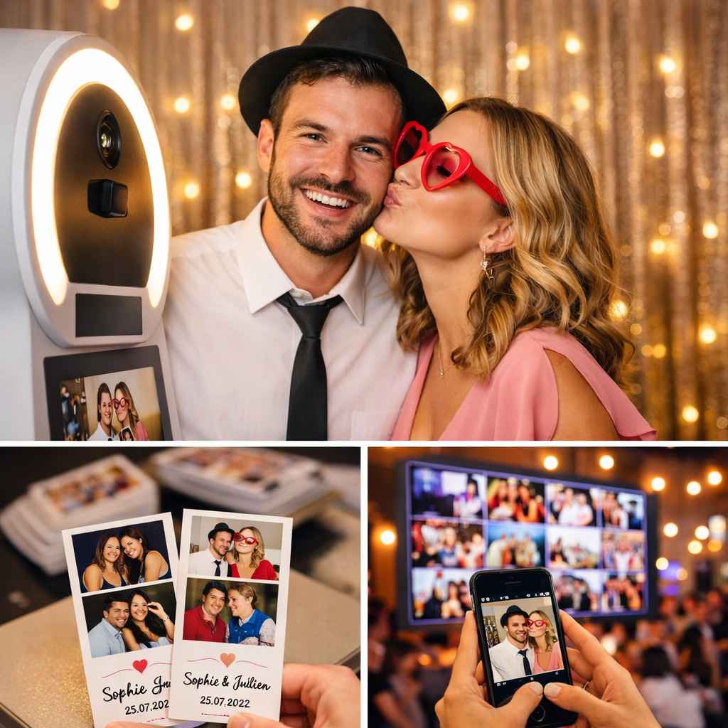 Photobooth lors d’un événement à Arras avec impressions photo instantanées et invités prenant la pose