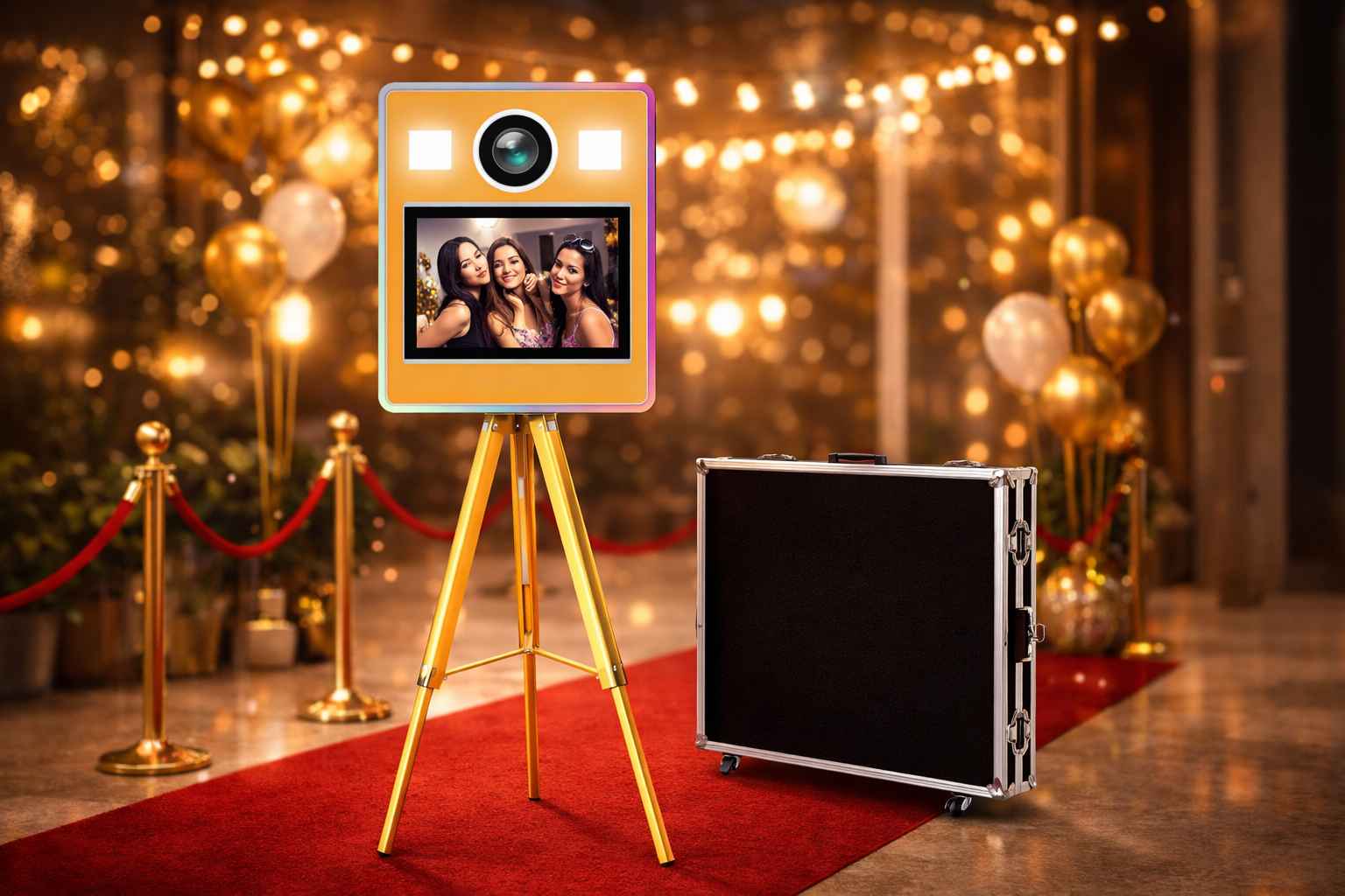 Photobooth sur trépied en bois avec écran affichant une photo, installé pour une animation événementielle