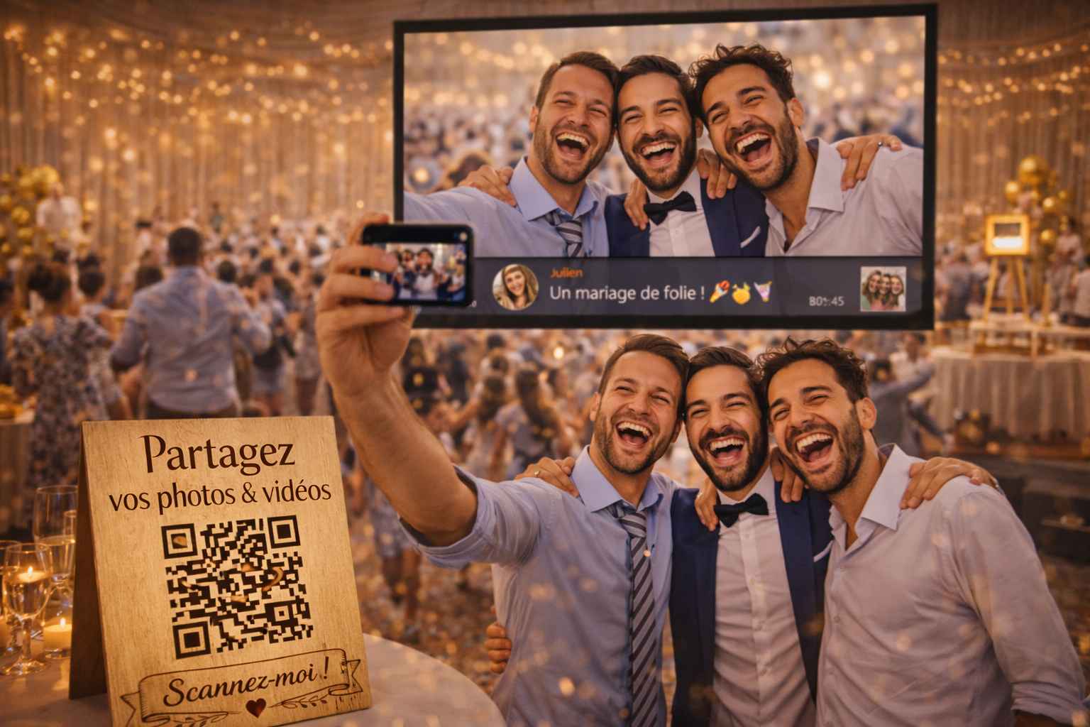 Invités se prenant en selfie sur une piste de danse avec affichage de la photo en direct sur écran géant via PartyFi