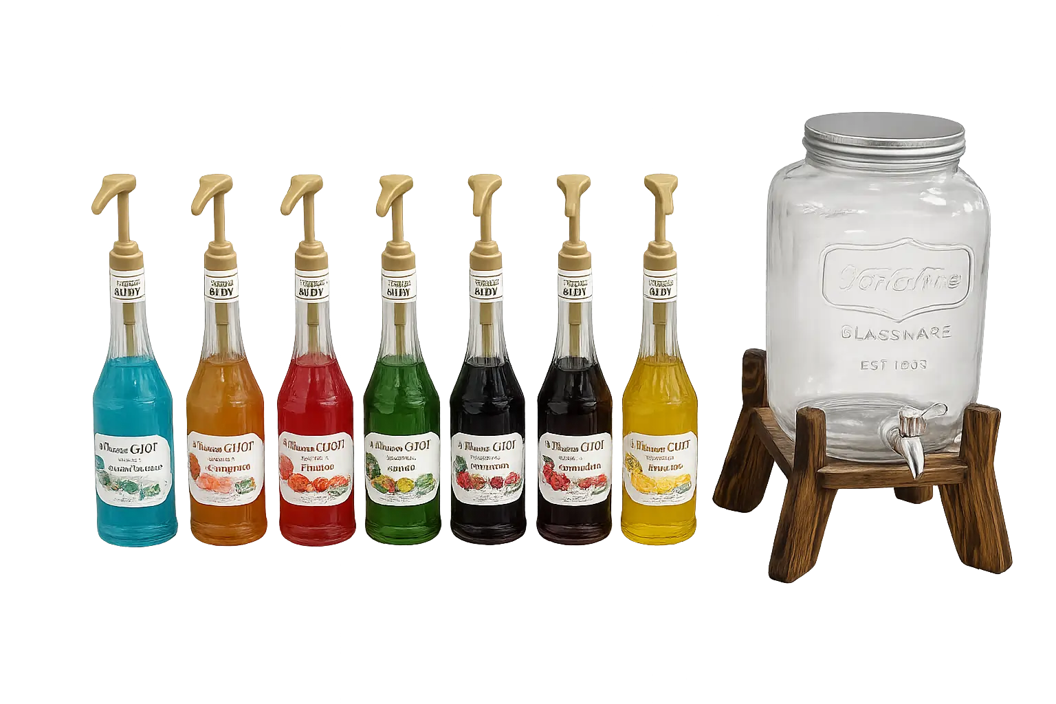 Bar à sirops avec jarre et pompes pour boissons lors d’événements.