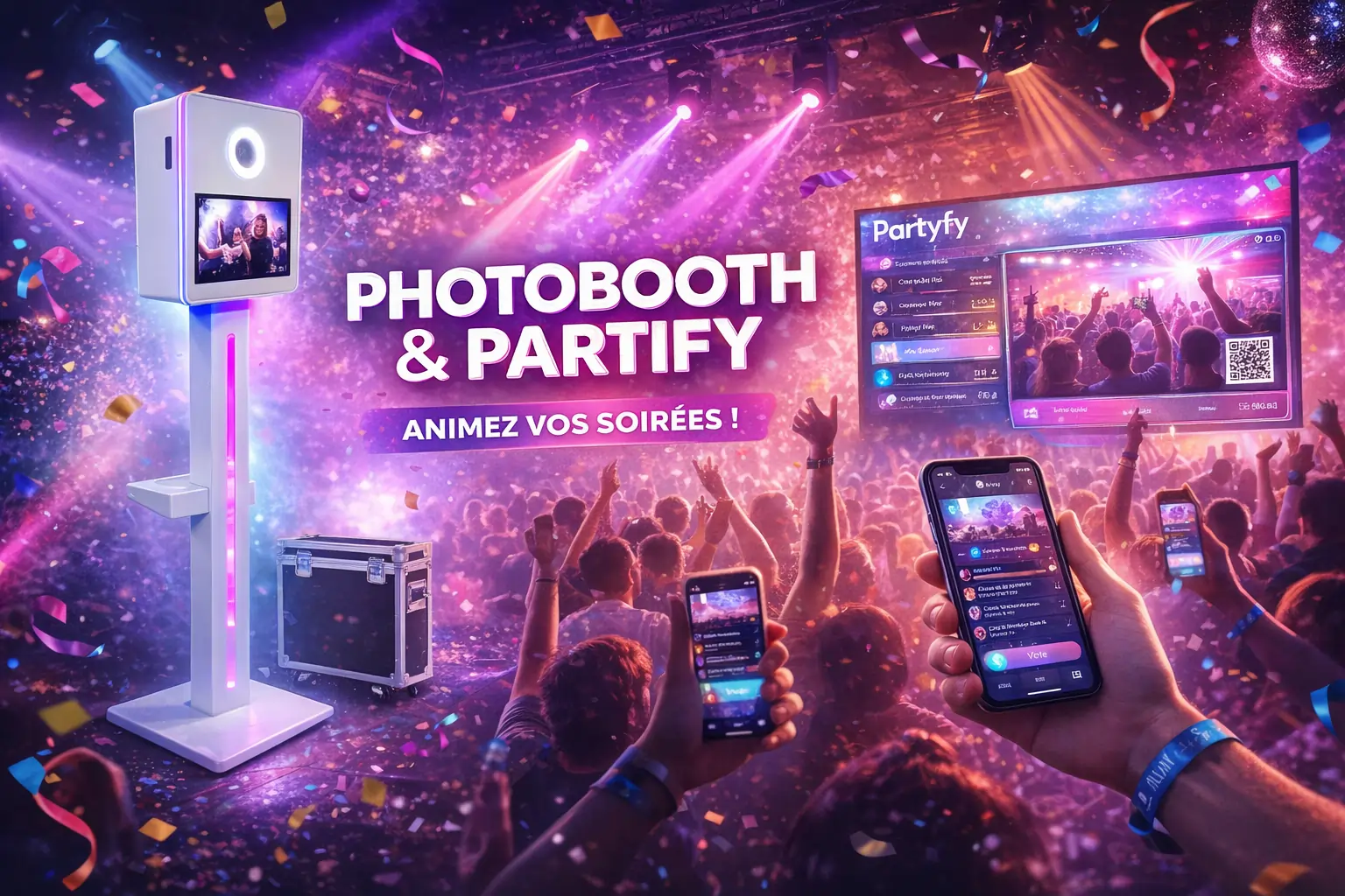 Location photobooth Arras avec animation Partyfy et partage de photos en direct sur écran lors d’un mariage